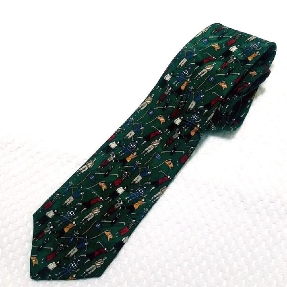 Mens Museum Artifacts Golf Theme Green Silk Tie - Picture 1 of 2